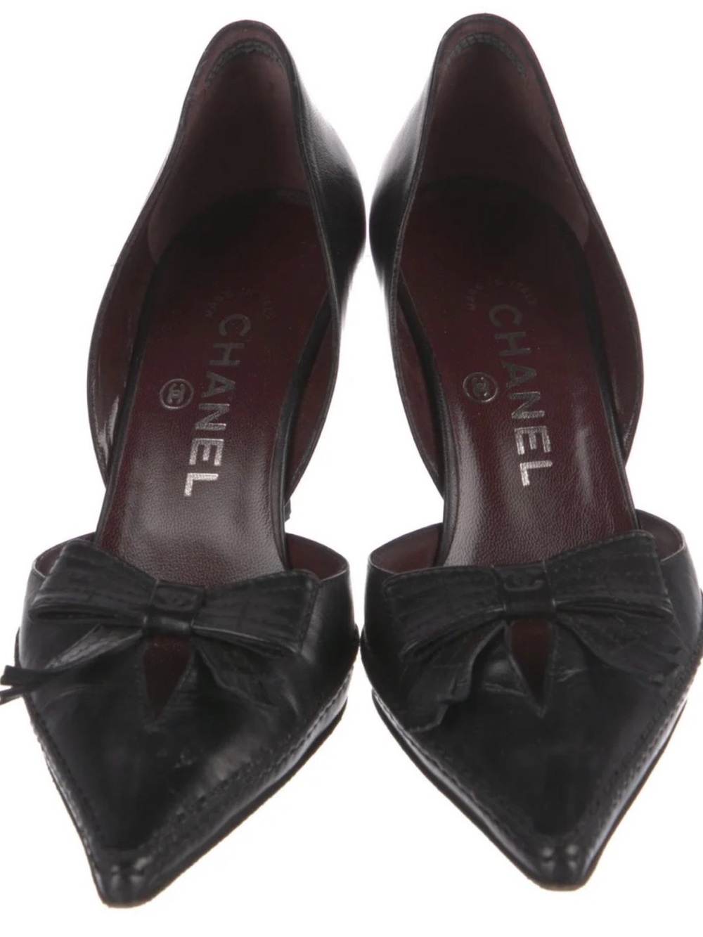 CHANEL Black Leather Pointed-Toe Bow D'Orsay Pumps